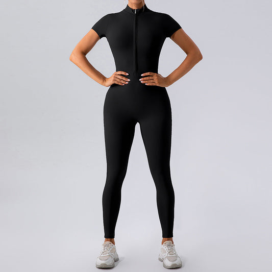 Mono de yoga con cremallera de manga corta y tacto nude para mujer, ropa exterior, pantalones de ejercicio, mallas de una pieza