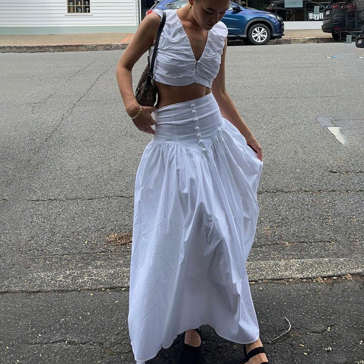 Conjunto de dos piezas de chaleco plisado francés con cintura alta y falda con dobladillo ancho