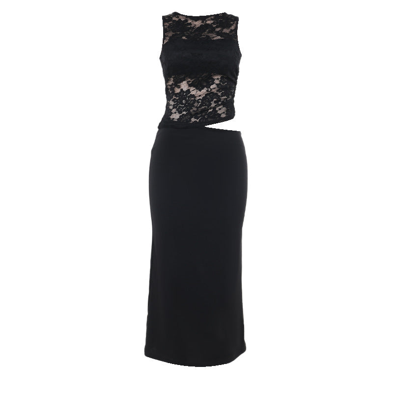 Vestido elegante de otoño con escote en V y encaje calado para mujer