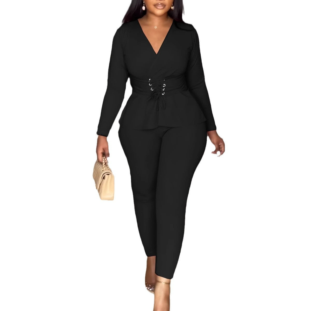 Conjunto de dos piezas de blusa y pantalón de manga larga con escote en V y cintura ajustada de color liso