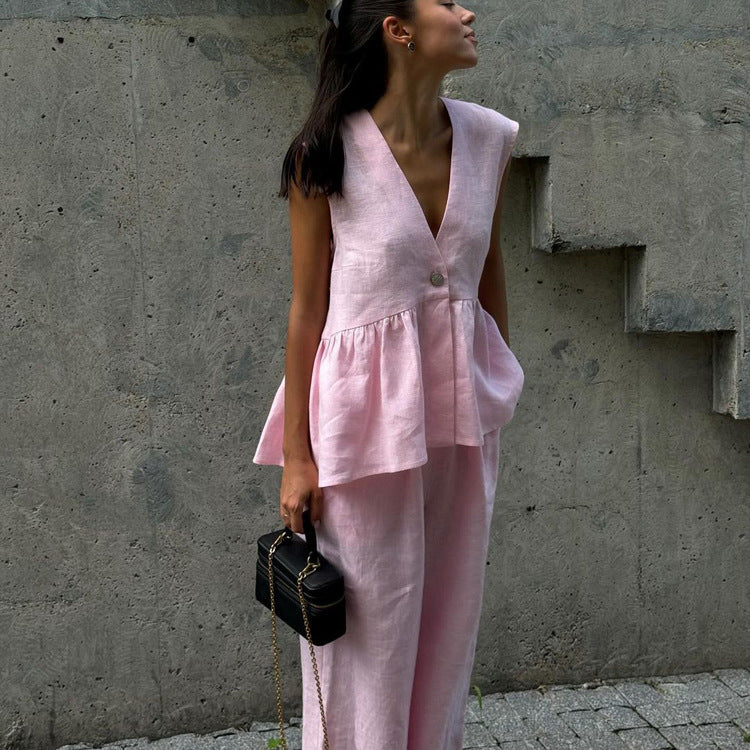 Conjunto de dos piezas de oficina de algodón con cuello en V sin mangas y pantalones para mujer de color liso