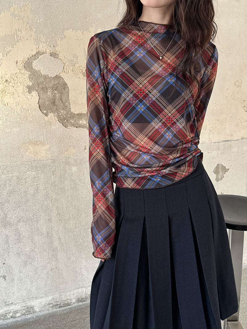 Plaid Mesh T shirt Women Spring Sexy Pleated Waist Tight Slimming Bottoming Top