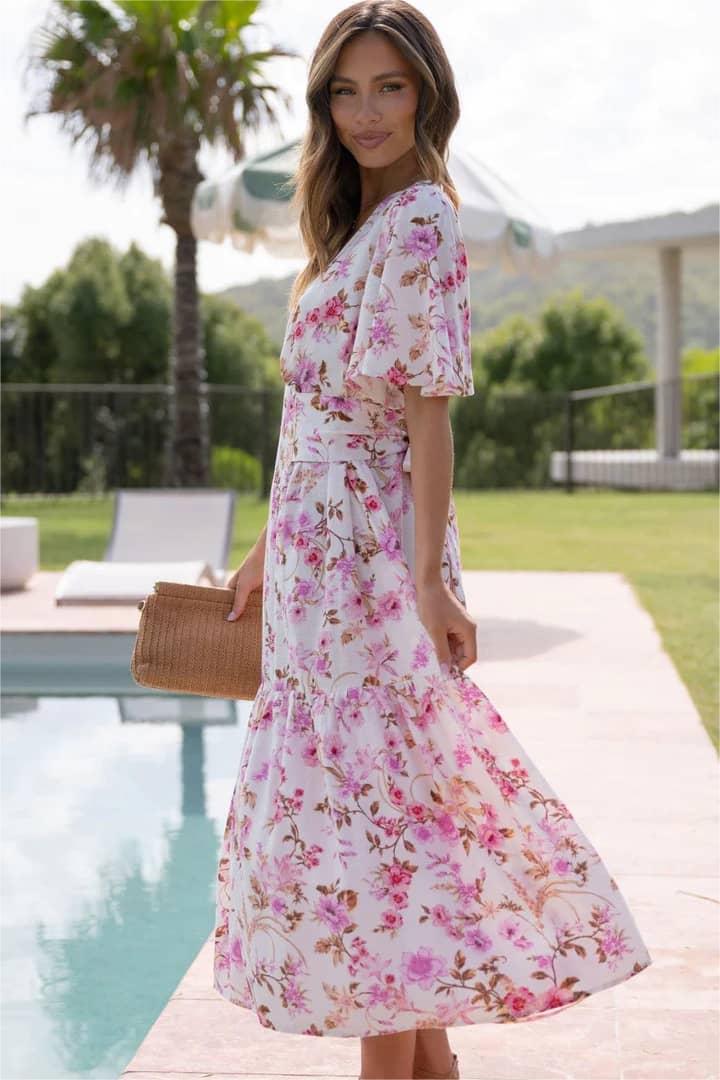 Vestido midi de manga corta con escote en V y estampado floral