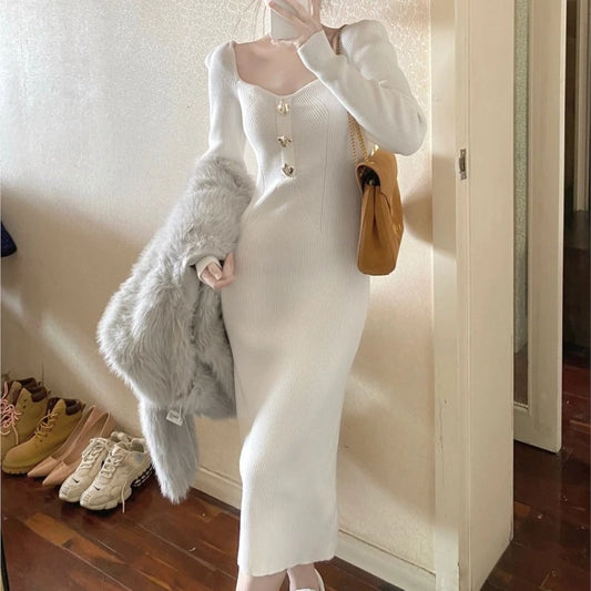 Vestidos de punto nuevos de otoño e invierno para mujer, cuello cuadrado liso, ajustados, vintage, elegantes, moda coreana, vestidos midi para mujer