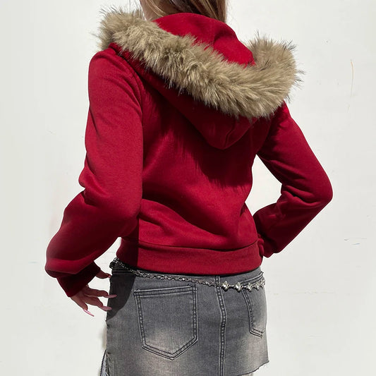 Y2K Fur Trim Hooded Sweatshirt Red Letter Print Zipper Coat with Pocket Women Streetwear Winter 90s Outwear Vintage