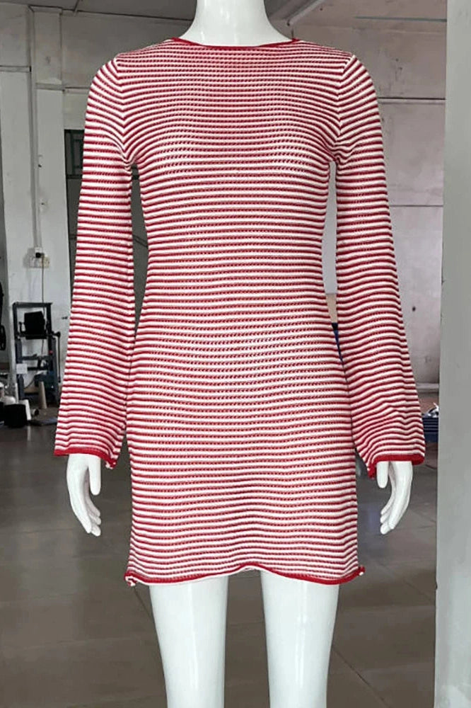 Striped Flare Sleeve Mini Dress with High Waist