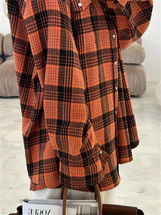 Casual Vintage For Women Shirts Outwear Lapel Fashion Loose Patchwork Streetwear Long Sleeve Striped Female Cardigan Coat