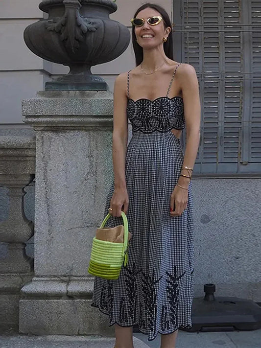 Vestido largo elegante con bordado calado para mujer, vestido largo sin mangas a cuadros, elegante, para primavera y verano, nuevo estilo urbano