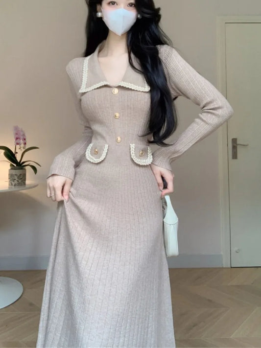 Vestidos de punto de otoño e invierno para mujer, cuello vuelto, moda coreana, corte en A, vestido liso informal, vestidos ajustados para mujer, nuevo