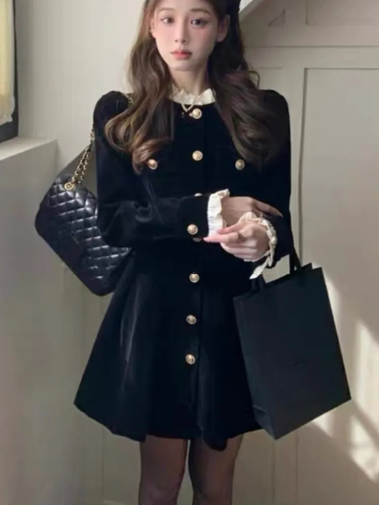 Vestidos de terciopelo negro de otoño para mujer, vestido de fiesta de noche de una sola botonadura de manga larga, moda coreana, vestido de línea A para mujer, nuevo