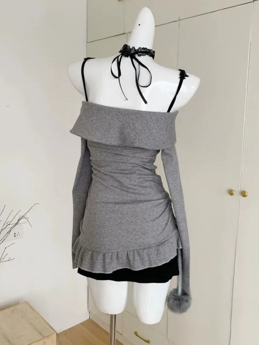 Conjunto de dos piezas de encaje Y2K, minivestidos para mujer, tirantes finos, de punto, estilo coreano, sexy, para fiesta