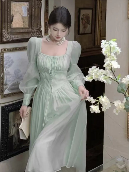 Vestidos midi de princesa de otoño para mujer, cuello cuadrado, cintura estrecha, mangas abullonadas, ropa vintage elegante para mujer, vestido de una pieza