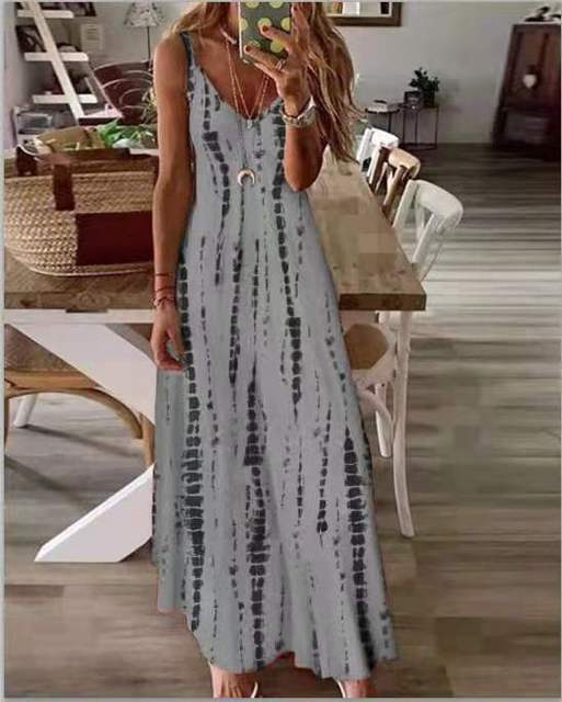 Vestidos casuales con estampado maxi de tirantes finos para mujer, cuello en V, espalda descubierta, corte A, vestido largo, estilo bohemio, vestidos de playa.