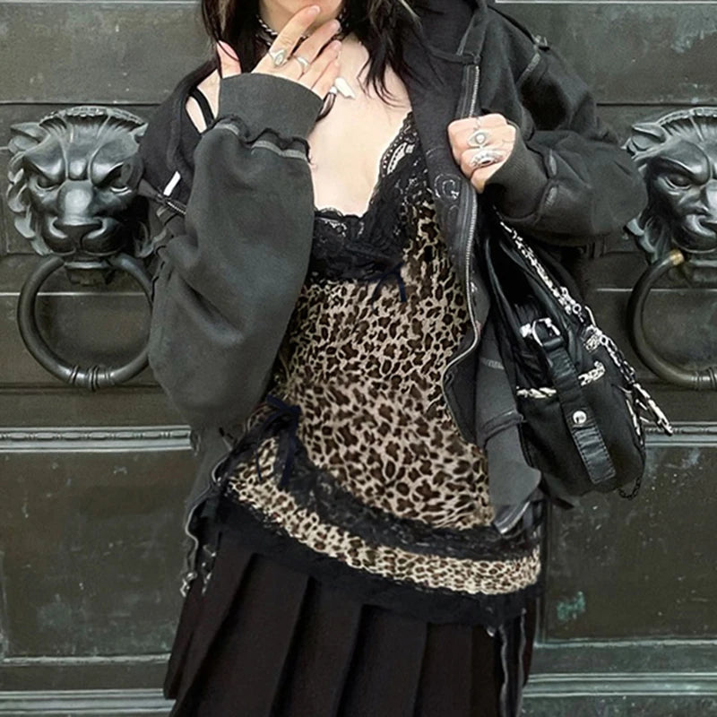 Camisola de encaje de leopardo con retazos estilo gótico Y2K, estilo urbano, con escote en V y lazo, estilo chaleco estético de moda para chicas