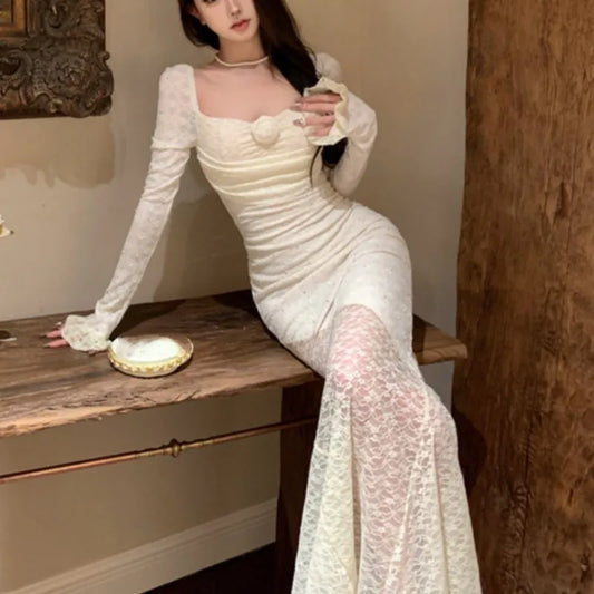 Vestidos largos de encaje sexys de otoño para mujer, vestidos de cola de pez con hombros descubiertos, vestido ajustado de sirena para fiesta de cumpleaños y graduación, vestidos para mujer