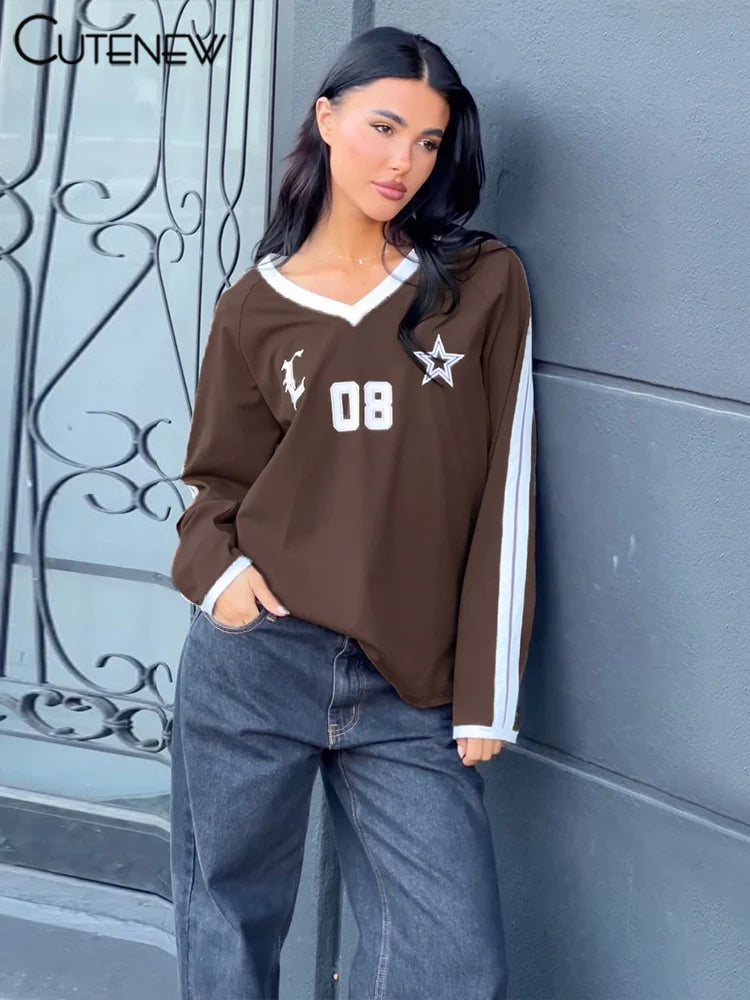 Football Track Women T-shirts Autumn Printed Striped Long Sleeve V-neck Oversized Tops Female Active Casual Streetwear