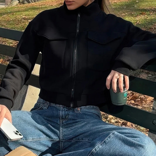 Women Pocket Sweatshirt Casual Solid Color Zipper Crop Jacket Autumn Outfits Turtleneck Fashion Y2K Coat Streetwear