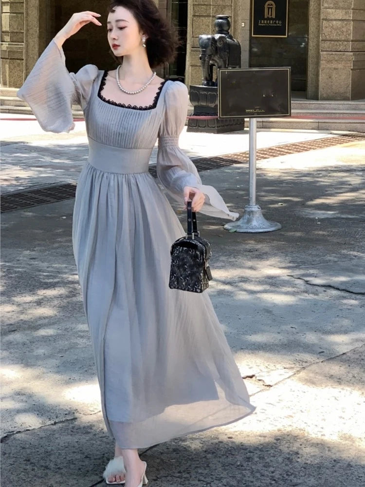 Vestidos midi de princesa de otoño para mujer, cuello cuadrado, manga acampanada, vestido de fiesta de cintura estrecha, vestidos coreanos de una pieza, nuevos