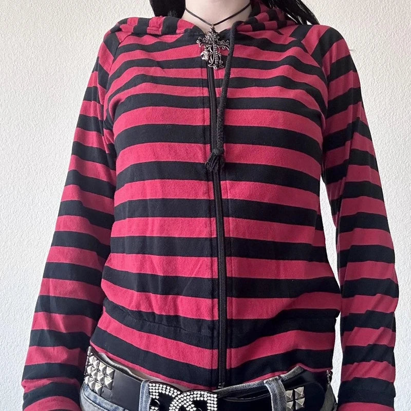 Sudadera con capucha a rayas con cremallera y estilo grunge cibernético de los años 2000, estilo e-girl, gótico, emo, centro comercial, estilo harajuku retro, chaquetas y abrigos.