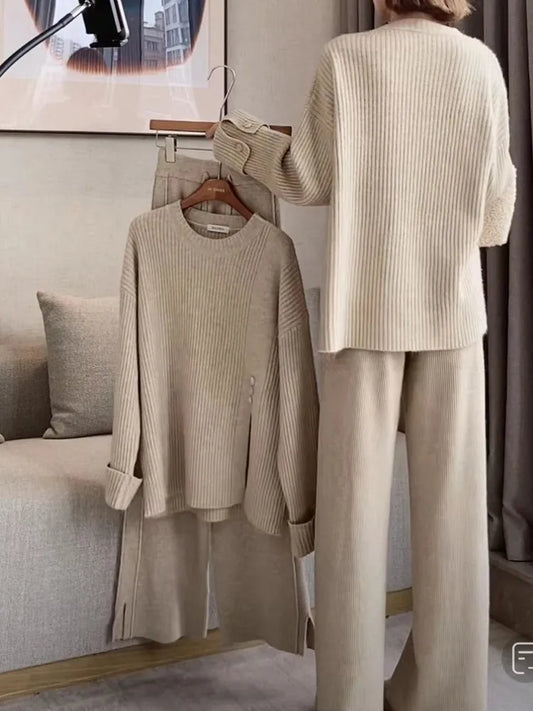 Conjunto de chándal de punto de 2 piezas para mujer, suéter de cuello redondo, pantalones de pierna ancha, estilo Harajuku, cálido, liso, informal, para otoño e invierno, nuevo