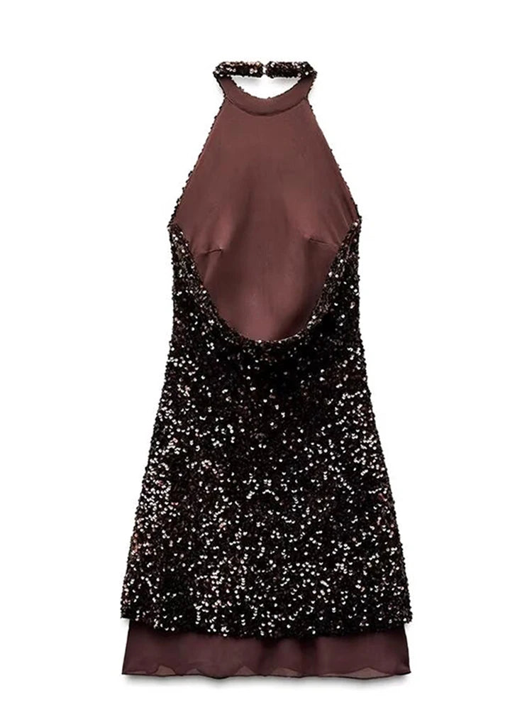 Vestido mini con lentejuelas y espalda descubierta para mujer, sexy, con hombros descubiertos, corte en A, para fiesta de noche, de verano, ajustado, con purpurina, 2025