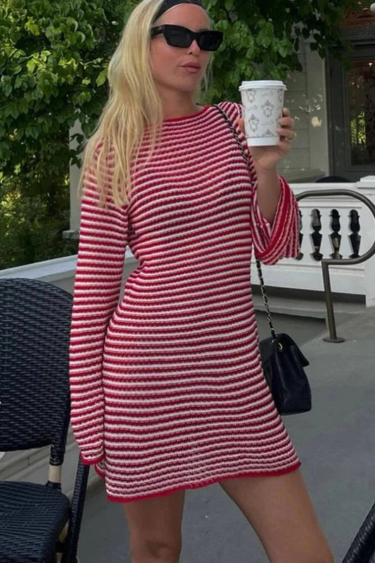 Striped Flare Sleeve Mini Dress with High Waist