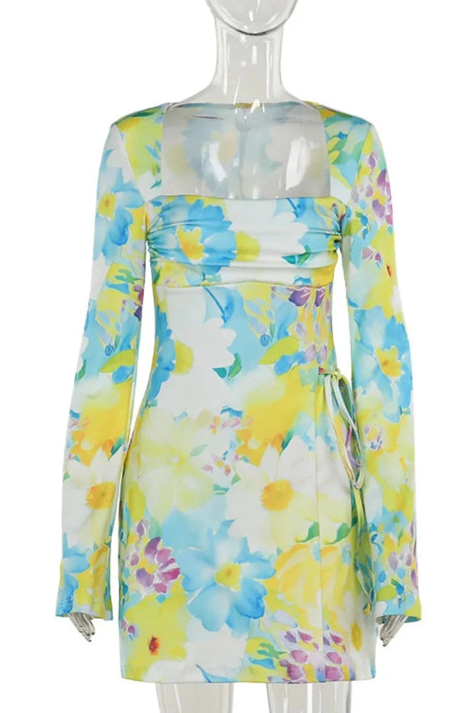 Printed Long Sleeve Mini Dress with Square Collar and High Waist