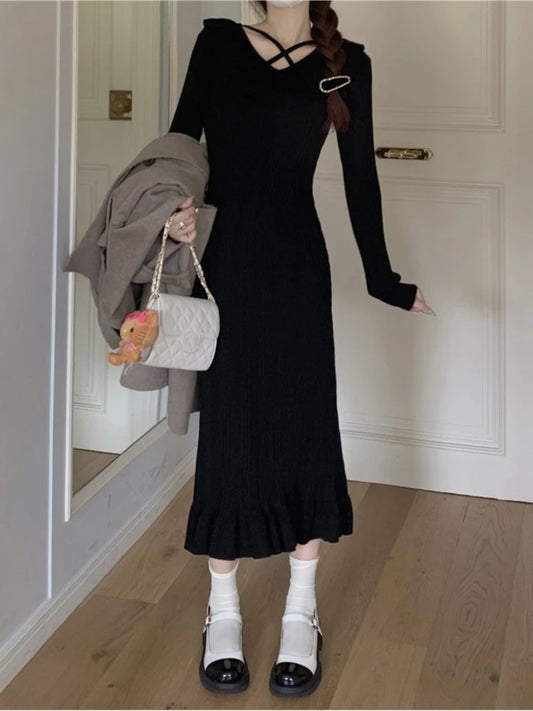 Vestidos de punto de otoño para mujer, con volantes, cuello en V, ajustados, informales, midi, moda coreana, nuevos tejidos