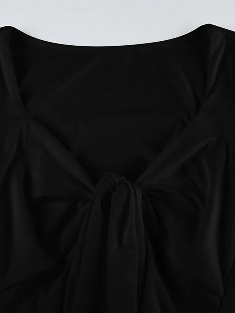 Blusas elegantes con escote en V y lazo negro para mujer, ajustadas y sexis, de manga larga acampanada, lisas, básicas, de moda para primavera y otoño.