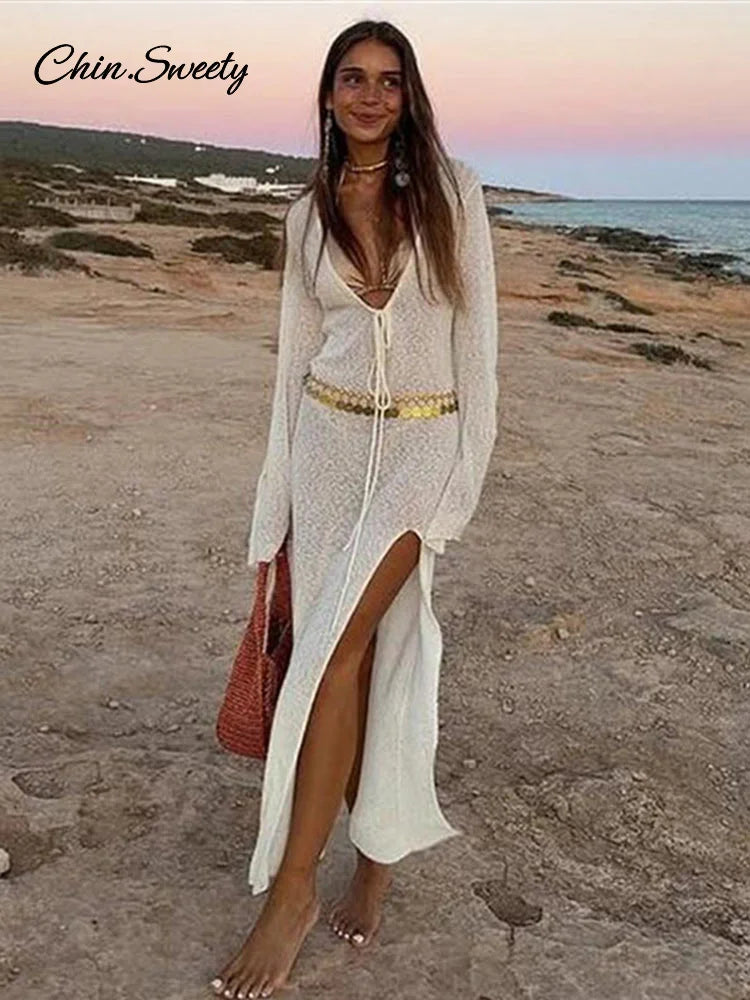 Vestido largo playero con escote en V para mujer, blanco, de punto, con cordones, transparente, con abertura alta, para vacaciones de verano 2025.