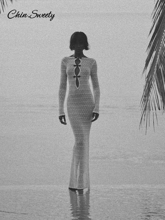Vestido maxi sexy de punto calado para mujer, manga larga, cuello redondo, blanco y negro, vestidos de fiesta para mujer, verano 2025, batas ajustadas para mujer