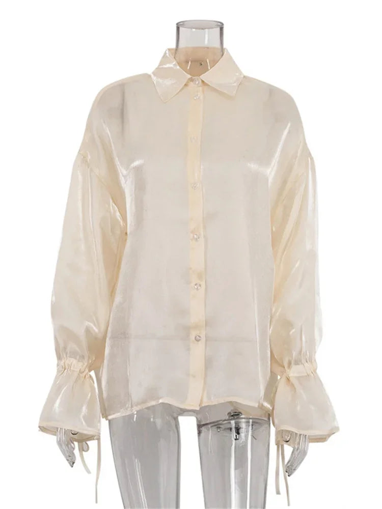 Blusa informal holgada transparente con solapa y manga larga con cordones para mujer, ropa de verano 2025, con parches lisos
