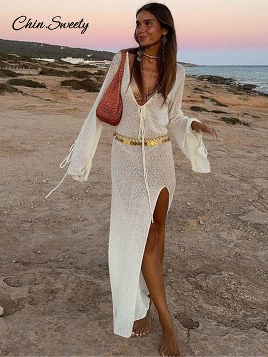 Vestido largo playero con escote en V para mujer, blanco, de punto, con cordones, transparente, con abertura alta, para vacaciones de verano 2025.