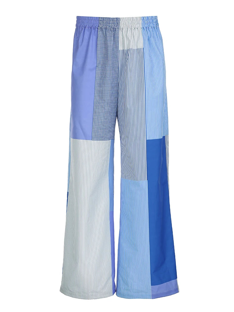 Pantalones holgados con diseño de bloques de color grunge y rayas azules para mujer, cintura elástica, sueltos, informales, tejidos, ropa de casa informal