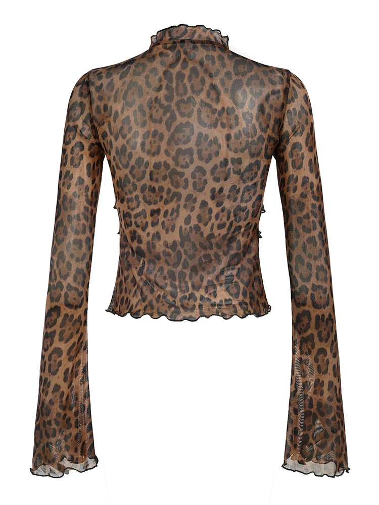 Blusa con estampado de leopardo y cordones para mujer, de malla semitransparente, elegante, a la moda, sexy, con mangas acampanadas y volantes