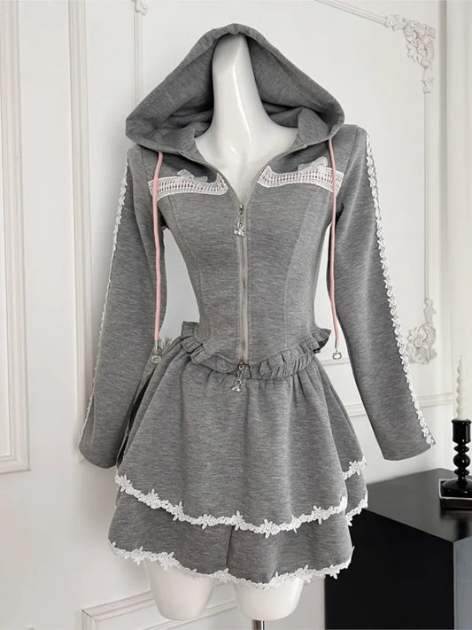 Conjunto de chándal de 2 piezas Y2K para mujer, con capucha y cremallera, abrigo ajustado con retazos de encaje y volantes, minifalda, moda coreana de otoño, conjuntos sólidos