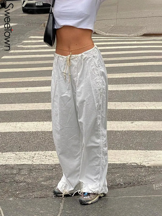 Pantalones deportivos holgados e informales de pierna ancha, blancos, holgados, con cordón y cintura baja, estilo hippie, para mujer