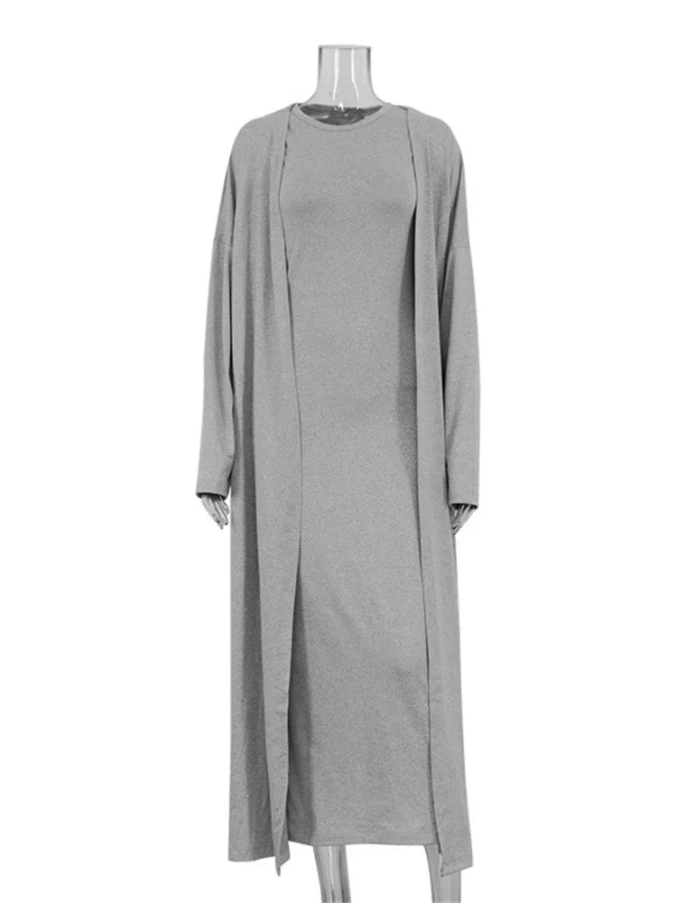 Conjunto informal de 2 piezas para mujer, vestido largo ajustado de cintura alta, con patchwork, sin mangas y abrigo, conjunto de vestido maxi para mujer.