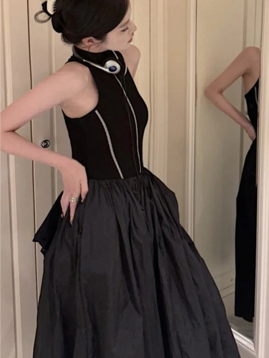 Vestidos casuales de punto negros para mujer, vestido tipo chaleco sin mangas, corte A, moda coreana, cuello medio alto, otoño, nuevo vestido