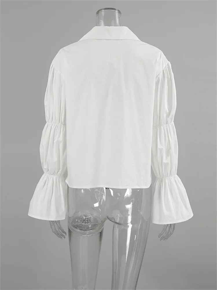 Blusa de gasa con cordones y aberturas para mujer, blusa de manga larga con solapa y parches, estilo vendaje, ropa de abrigo blanca para mujer