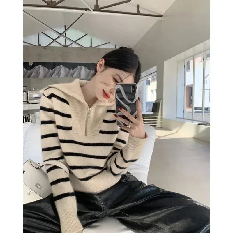 Autumn Winter Female Pullover Knit Loose Clothing Zipper Pullovers Shirts and Blouses Long Sleeve Traf Store Knitwears