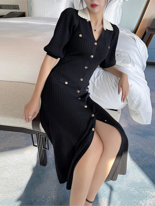 Vestidos de punto elegantes de otoño para mujer, vestido midi de una sola botonadura con cuello en V y mangas abullonadas, moda para mujer