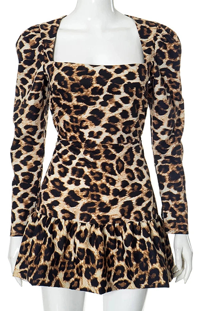 Printed Long Sleeve Mini Dress with Square Collar and High Waist