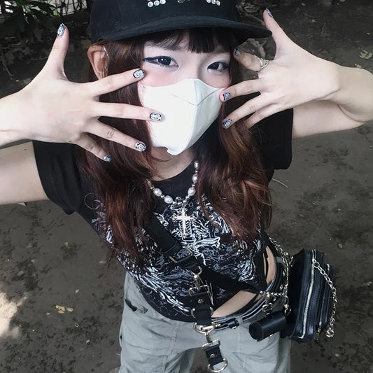 Camiseta con estampado Harajuku de los 90, top ajustado de manga corta, ropa urbana Y2K para mujer, top con ombligo expuesto
