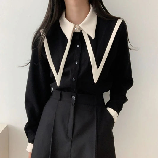 Vintage Shirts Women Korean Patchwork Black Long Sleeve Blouses Office Ladies Elegant Red Casual Chic Chiffon Tops New