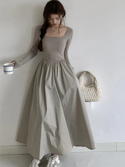 Vestidos midi informales de punto para mujer, lisos, de manga larga, cuello cuadrado, corte A, otoño, elegantes, ajustados