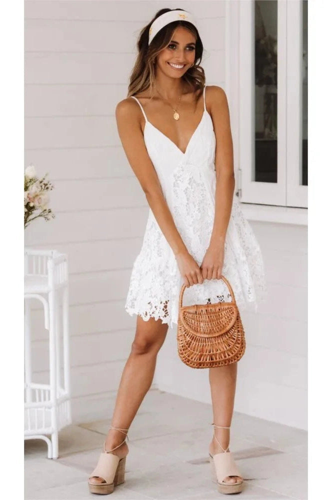 Deep V-Neck Backless Mini Dress with Spaghetti Straps and Hollow Out Detail