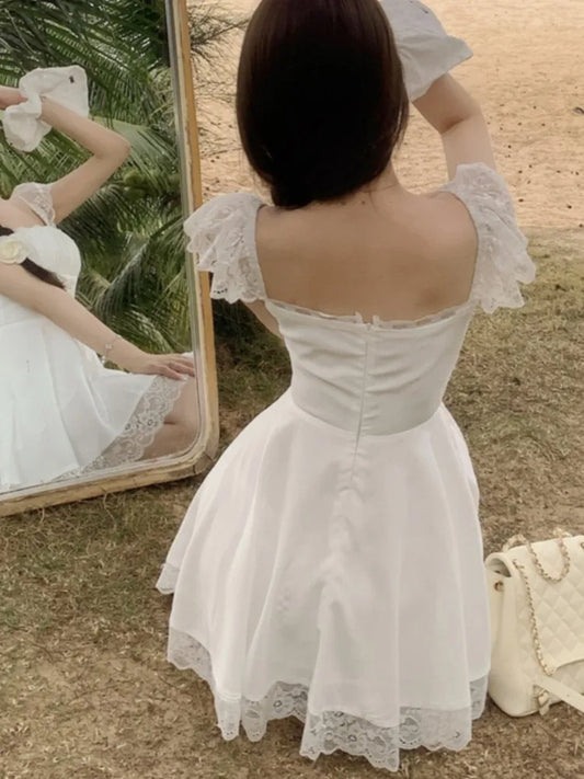 Vestido de fiesta de princesa de encaje Y2K, sexy, con tirantes finos, cuello cuadrado, volantes, corte A, corto, para mujer, para graduación, verano, minivestido