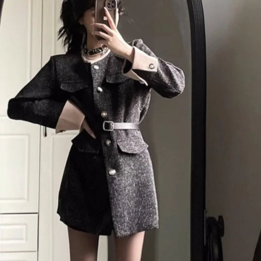 Minivestidos de otoño e invierno para mujer con cinturón, cuello vuelto, patchwork, cuello redondo, estilo blazer coreano, vestidos casuales
