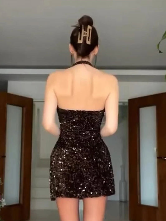 Vestido mini con lentejuelas y espalda descubierta para mujer, sexy, con hombros descubiertos, corte en A, para fiesta de noche, de verano, ajustado, con purpurina, 2025